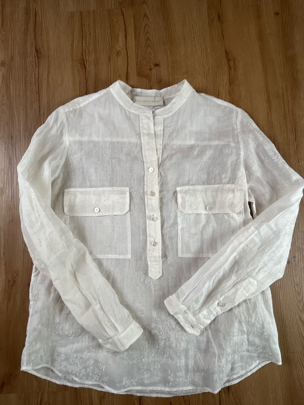 Stella McCartney Sheer Flocked Floral Blouse Ivory Voile Button Front S/M